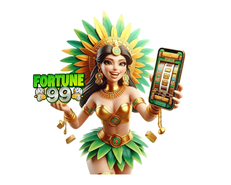ภาพโลโก้ FORTUNE99 มีการกล่าวถึงชุดธีมสีเขียวถือสมาร์ตโฟนลงไปที่หน้าจอเกมในส่วนแนวตั้งกราฟิกโฮสติ้ง