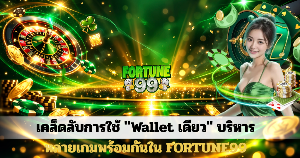 ค้นหาบทความ FORTUNE99 โทนสีเขียวทองมีรีบัลรูและระบบควบคุมพร้อมดีลเลอร์และข้อความเกี่ยวกับการใช้ Wallet บริหารหลายเกมแสง